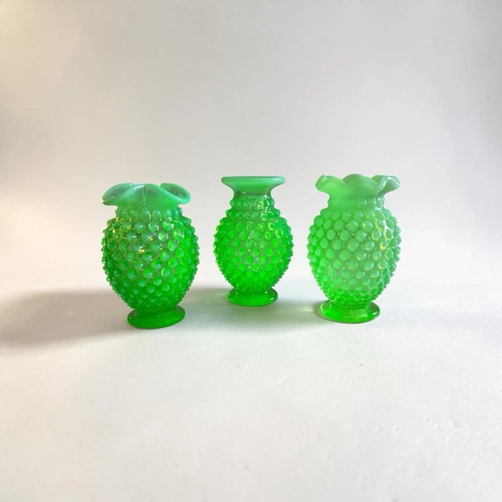 Vintage Fenton Hobnail Vaseline Uranium Glass Bud Vase Set of 3 Green Glow #07